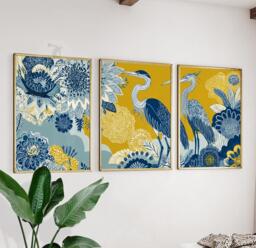 Blue & Gold Heron Wall Art Set Of 3 - Modern Botanical Bird Print Elegant Floral Pattern Artwork Stylish Living Room Decor - thumbnail 1