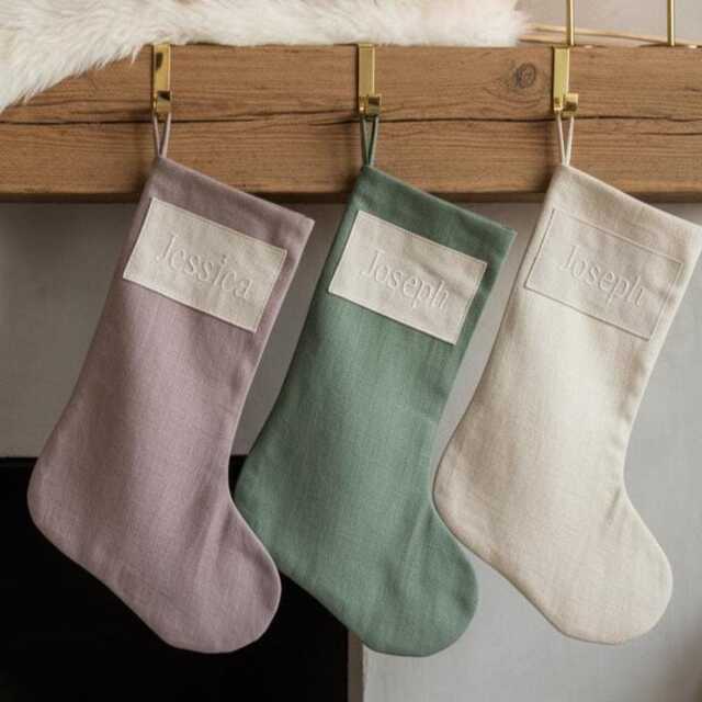 Custom Linen Stocking With Patch, Embroidered Handmade Stocking, Family Name Christmas Gift, Stockings - image 1