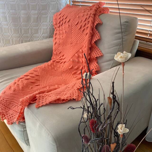 Handmade Vintage Knitted Orange Throw - image 1