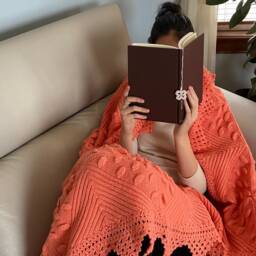 Handmade Vintage Knitted Orange Throw - thumbnail 2