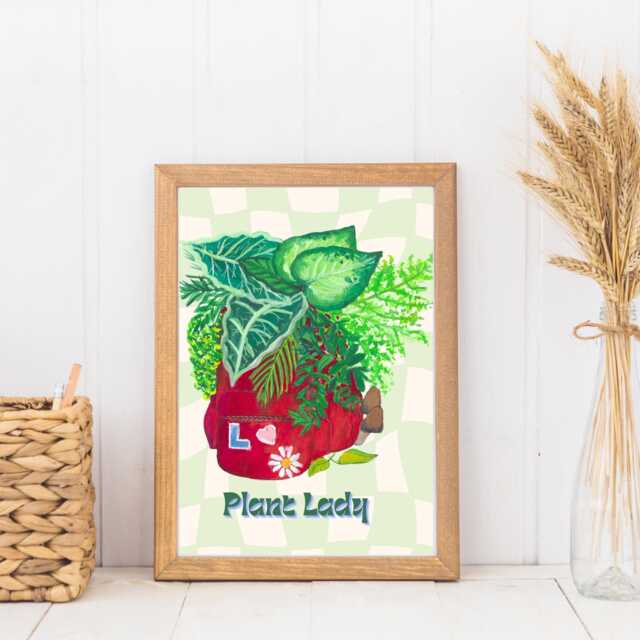 Plant Lady Art Print Red Backpack With Plants, Nature-Inspired Wall - image 1