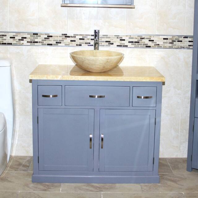 Bathroom Grey Painted Vanity Unit Cabinet Wash Stand Golden Onyx Marble Stone Basin 1161Ggo025Go - image 1