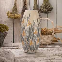 Yellow Grass Vase, Wabi Sabi Ikebana Hand Thrown Pottery, Fall Centerpiece, Gray & White, Summer Grass, New Homeowner Gift - thumbnail 1