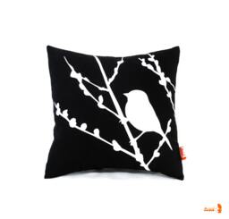 Black Bird On Cherry Blossom - Mini 10.5 Inches Square Pillow - thumbnail 1