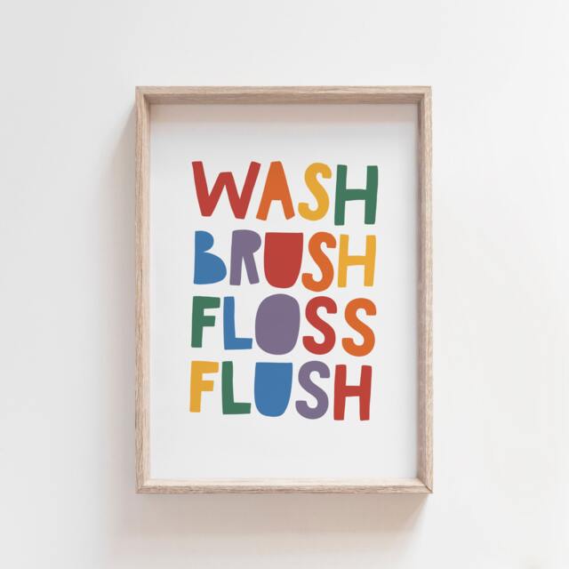 Wash Brush Floss Flush Print, Bathroom Rules, Kids Prints, Signs, Decor, Wall Art - image 1