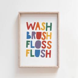 Wash Brush Floss Flush Print, Bathroom Rules, Kids Prints, Signs, Decor, Wall Art - thumbnail 1