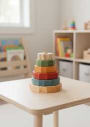 Wooden Pyramid - Round Stacking Toy Colourful Coloured Learning Ring Stacker Motor Skills Birthday Gift