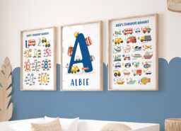 Set Of 3 Personalised Transport Posters in Navy Blue, Vehicle Alphabet Print, Cars Chart Blue Boy Bedroom Decor - thumbnail 1