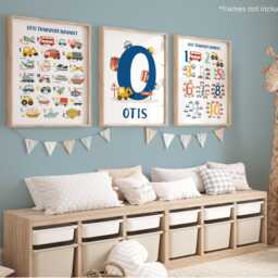 Set Of 3 Personalised Transport Posters in Navy Blue, Vehicle Alphabet Print, Cars Chart Blue Boy Bedroom Decor - thumbnail 3