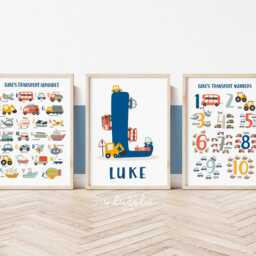 Set Of 3 Personalised Transport Posters in Navy Blue, Vehicle Alphabet Print, Cars Chart Blue Boy Bedroom Decor - thumbnail 2