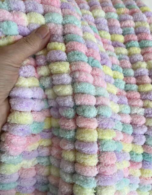 Hand Knitted Pom Baby Blanket Pink/Lemon/Lilac/Mint - Pram Size - Approx 60cmx72cm - image 1
