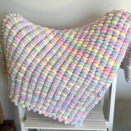 Hand Knitted Pom Baby Blanket Pink/Lemon/Lilac/Mint - Pram Size - Approx 60cmx72cm - thumbnail 2