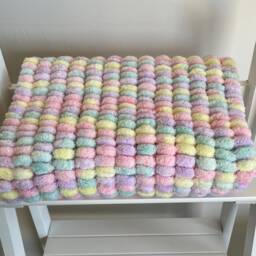 Hand Knitted Pom Baby Blanket Pink/Lemon/Lilac/Mint - Pram Size - Approx 60cmx72cm - thumbnail 3