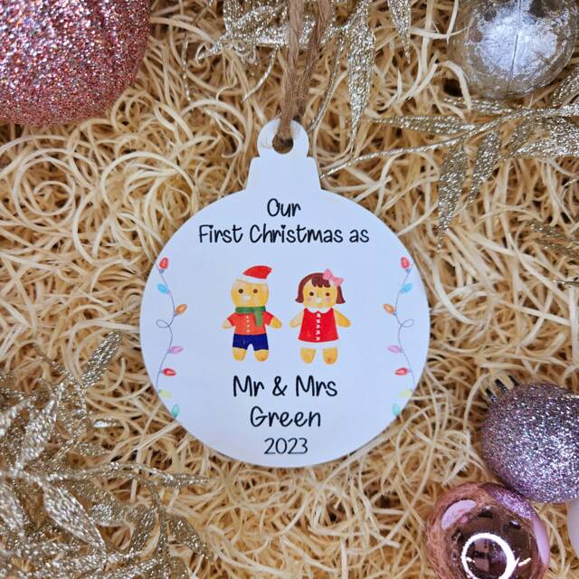 First Christmas Ornament - Personalised 1st Married Surname Wood Xmas Bauble Wedding Gift Tag Keepsake - image 1