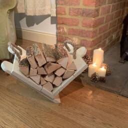 Rustic Reclaimed Wood Log Basket Off White Firewood Storage With Rope Handles - thumbnail 3