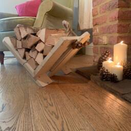 Rustic Reclaimed Wood Log Basket Off White Firewood Storage With Rope Handles - thumbnail 2
