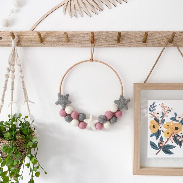 Felt Ball & Star Hoop Wreath in Pink, Grey White From Stone & Co - image 1