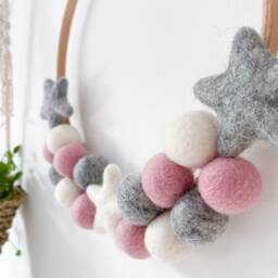 Felt Ball & Star Hoop Wreath in Pink, Grey White From Stone & Co - thumbnail 3