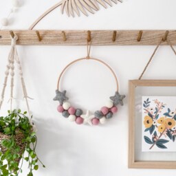 Felt Ball & Star Hoop Wreath in Pink, Grey White From Stone & Co - thumbnail 1