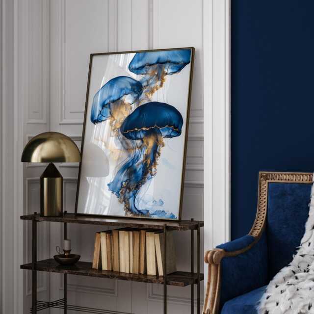 Blue & Gold Jellyfish Trio Wall Art Print - Abstract Ocean-Inspired Decor - image 1