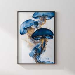Blue & Gold Jellyfish Trio Wall Art Print - Abstract Ocean-Inspired Decor - thumbnail 3