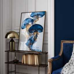 Blue & Gold Jellyfish Trio Wall Art Print - Abstract Ocean-Inspired Decor - thumbnail 1