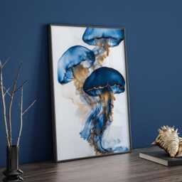 Blue & Gold Jellyfish Trio Wall Art Print - Abstract Ocean-Inspired Decor - thumbnail 2