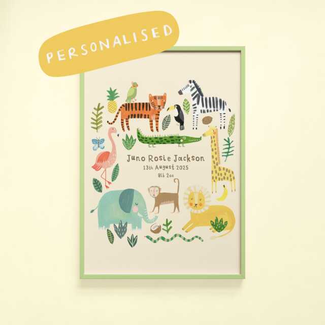 Personalised Safari Birth Announcement Print - Animals Kids Room Children New Baby Gift Nursery Personalized Lion Jungle Elephant - image 1