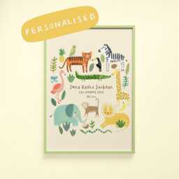 Personalised Safari Birth Announcement Print - Animals Kids Room Children New Baby Gift Nursery Personalized Lion Jungle Elephant - thumbnail 1