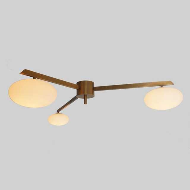 Stilnovo Style Brass Sputnik Chandelier - Milky Glass Globe Flush Mount - image 1