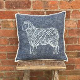 Denim Blue Sheep Cushion Cover - Pure Wool Reversible Pillowcase 45 X 45cm/ 18 18 - thumbnail 3
