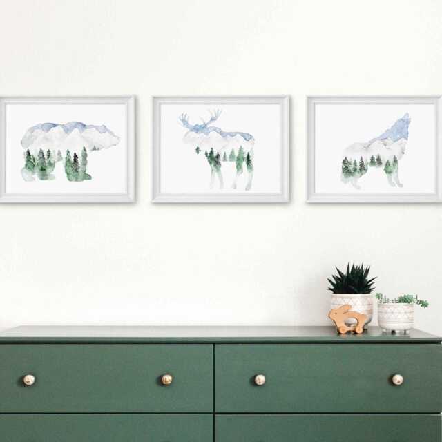 Mountain Animal Watercolor Art Print Set Woodland Nursery Decor - image 1