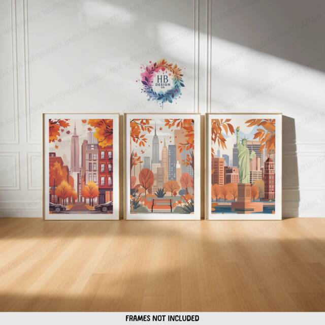 New York Autumn Prints - Set Of 3 - Brooklyn Wall Art Fall Home Decor Travel Poster Print Dorm Room Artwork Illustration Modern - image 1