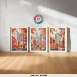 New York Autumn Prints - Set Of 3 - Brooklyn Wall Art Fall Home Decor Travel Poster Print Dorm Room Artwork Illustration Modern - thumbnail 1
