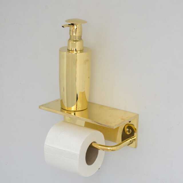 Unlacquered Brass Bathroom Floating Shelf With Hook, Wall Mount Toilet Paper Holder - image 1