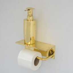 Unlacquered Brass Bathroom Floating Shelf With Hook, Wall Mount Toilet Paper Holder - thumbnail 1