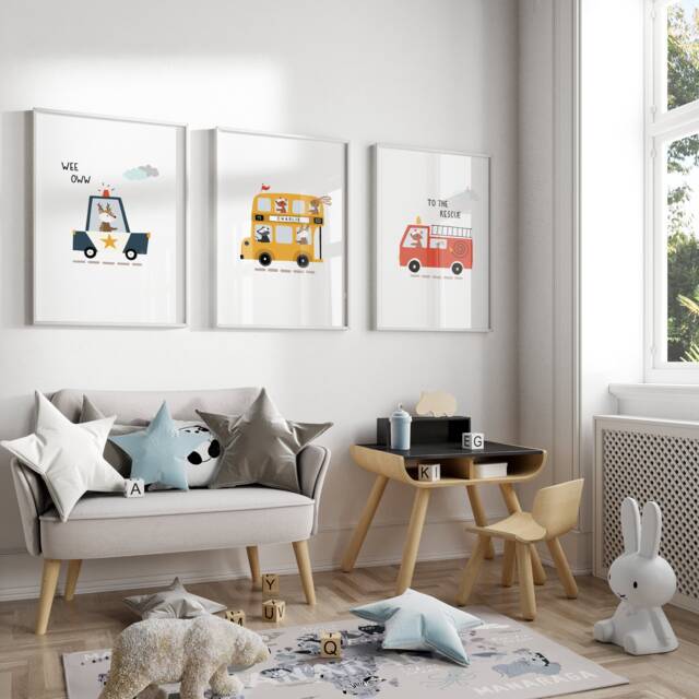 Set Of 3 Transport Nursery Prints, Personalised Print, Vehicle Police Bus Fire, Play Room Poster, Boys Room, Children's Bedroom - image 1