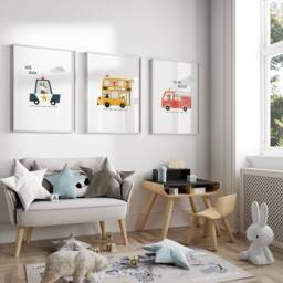 Set Of 3 Transport Nursery Prints, Personalised Print, Vehicle Police Bus Fire, Play Room Poster, Boys Room, Children's Bedroom - thumbnail 1