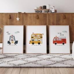 Set Of 3 Transport Nursery Prints, Personalised Print, Vehicle Police Bus Fire, Play Room Poster, Boys Room, Children's Bedroom - thumbnail 2