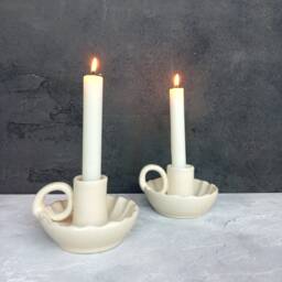 Handmade Ceramic Candle Holder Beige Pottery Candlestick - 2.5x4 Inch