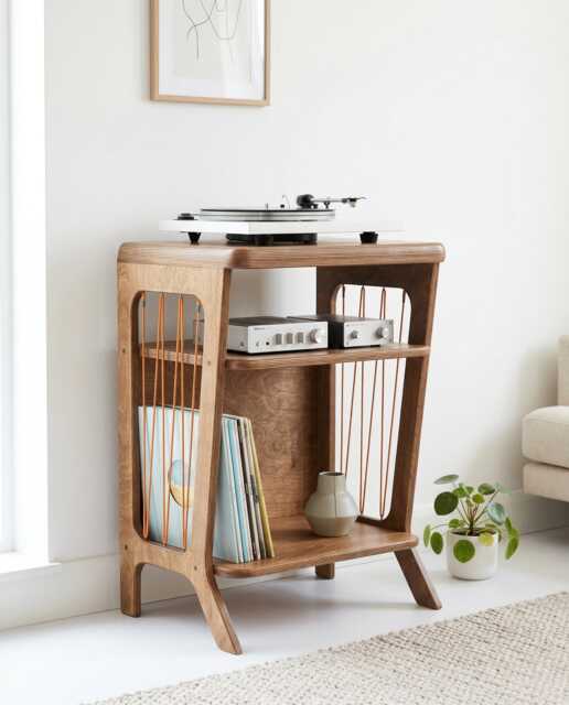 Mid Century Modern Record Player Stand With Shelf For Amplifier, Retro Turntable - image 1