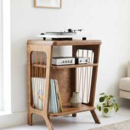 Mid Century Modern Record Player Stand With Shelf For Amplifier, Retro Turntable - thumbnail 2