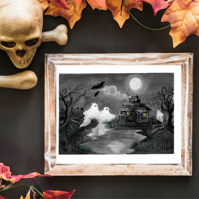 Haunted House Art Print Gothic Halloween Decor, Spooky Landscape - image 1