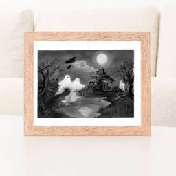 Haunted House Art Print Gothic Halloween Decor, Spooky Landscape - thumbnail 2