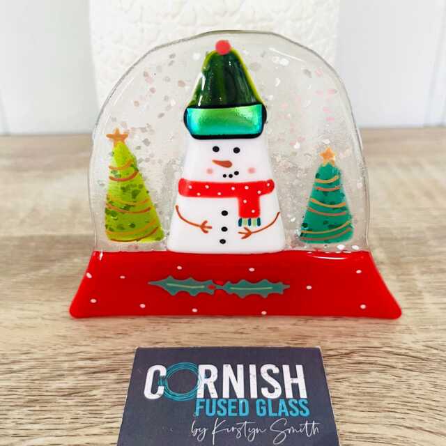Festive Snowman Snowglobe Candle Holder Fused Glass Christmas Decoration - Cornish Fused Glass - image 1