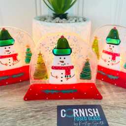 Festive Snowman Snowglobe Candle Holder Fused Glass Christmas Decoration - Cornish Fused Glass - thumbnail 2