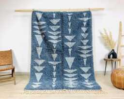 Dual-Tone Blue Moroccan Rug, Geometric Triangle Berber Carpet, Large Handmade Wool Shag Modern Coastal Decor, Custom Artistic Area Mat