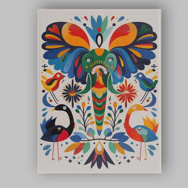 Colourful Folk Art Butterfly Birds Floral Illustration Canvas Wall Print Decor Picture Ready To Hang - image 1