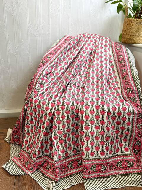Kantha Stitch Pure Cotton Reversible Bed/Sofa Throw King Size Handmade Handprinted Floral Dohar White Pink Rose Green Persian Climbers - image 1