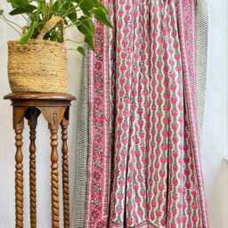 Kantha Stitch Pure Cotton Reversible Bed/Sofa Throw King Size Handmade Handprinted Floral Dohar White Pink Rose Green Persian Climbers - thumbnail 2